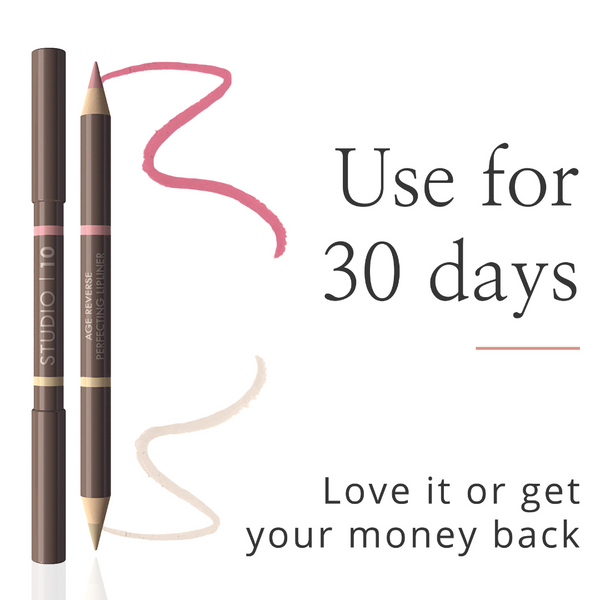 Cosmetic pencils with scribbles and text about a 30-day usage guarantee.