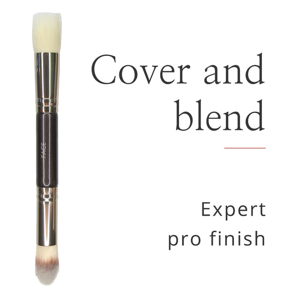 Dual-ended makeup brush with 'Cover and blend' text, designed for an expert pro finish.